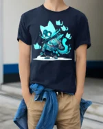 Spirit Cat Warrior Anime Style Feline Ghost T-Shirt - model wearing navy shirt, hands in pockets