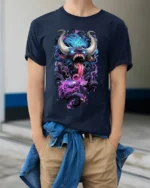 Demon Monster Graphic Scary Horned Beast T-Shirt - model wearing navy shirt, hands in pockets
