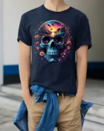 Nature Skull Sunset Peaceful Scene Inside Skull T-Shirt - model wearing navy shirt, hands in pockets