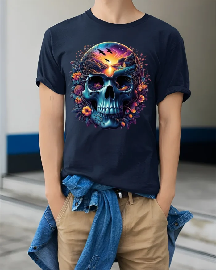 Nature Skull Sunset Peaceful Scene Inside Skull T-Shirt - model wearing navy shirt, hands in pockets