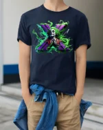 Crazy Joker Symbol T-Shirt Dark Humor Comic Tee - model wearing navy shirt, hands in pockets
