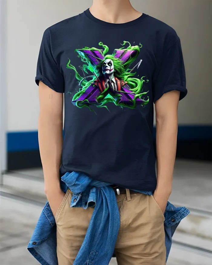 Crazy Joker Symbol T-Shirt Dark Humor Comic Tee - model wearing navy shirt, hands in pockets