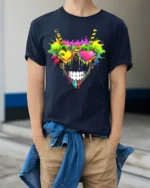 Rainbow Skull Heart Tee Vibrant Skull Sunglasses T-Shirt - model wearing navy shirt, hands in pockets