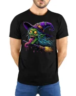 Creepy Witch Flying Halloween Spooky Graphic T-Shirt - model wearing black shirt, hands behind back