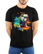 Rad Bulldog Skater T-Shirt Trendy Dog on Skateboard Tee - model wearing black shirt, hands behind back