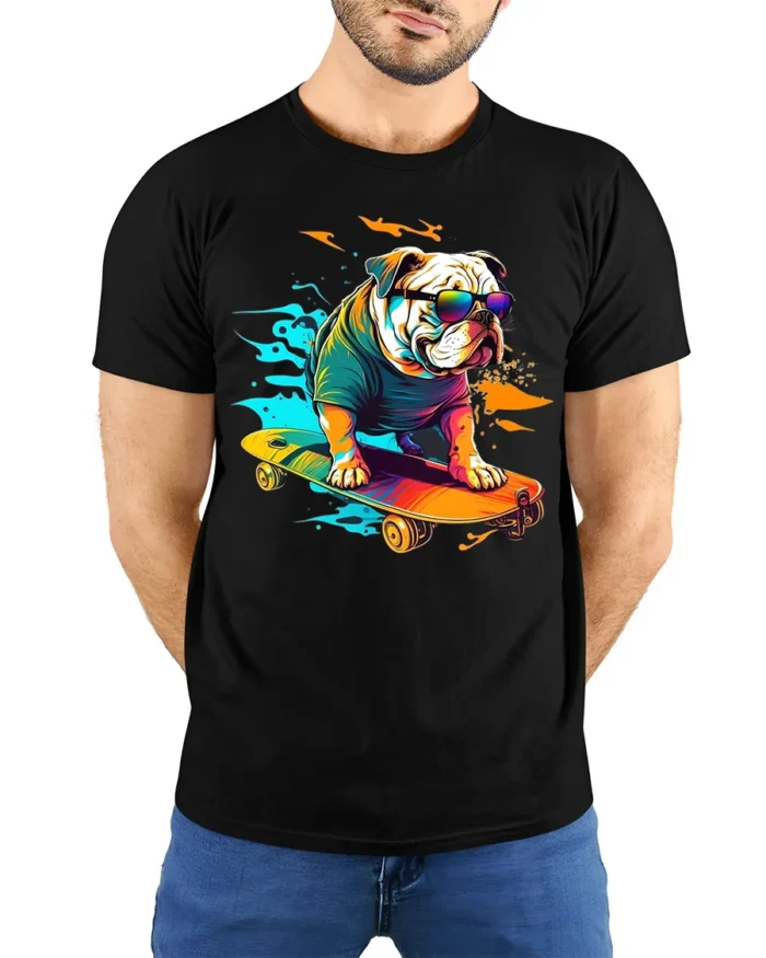 Rad Bulldog Skater T-Shirt Trendy Dog on Skateboard Tee - model wearing black shirt, hands behind back
