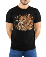Ornate Cat Design Tee Elegant Patterned Feline T-Shirt - model wearing black shirt, hands behind back