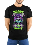 Drope Heriot Skate Tee Cool Skull Skateboard T-Shirt - model wearing black shirt, hands behind back