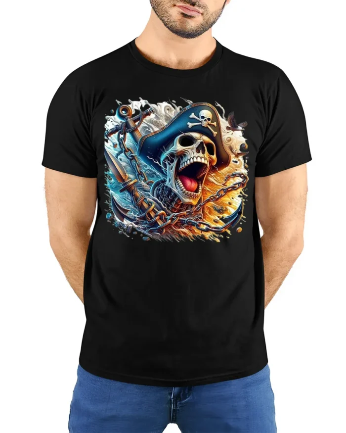 Ocean Pirate Bones Tee Skull and Anchor Graphic Tee - model wearing black shirt, hands behind back