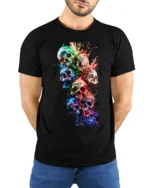 Watercolor Skull Stack Tee Vibrant Skull Art Graphic T-Shirt - model wearing black shirt, hands behind back