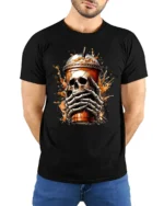 Skull Coffee Break Tee, Funny Skeleton Drink Graphic T-Shirt - model wearing black shirt, hands behind back