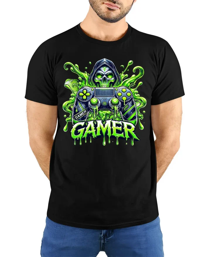 Gamer Skull Controller Tee, Funny Video Game T-Shirt - model wearing black shirt, hands behind back