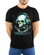 Meditate and Vibrate Tee, Relaxed Skull Music T-Shirt - model wearing black shirt, hands behind back