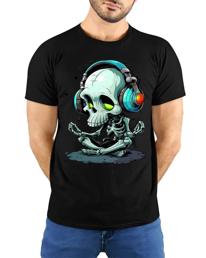 Meditate and Vibrate Tee,  Relaxed Skull Music T-Shirt - model wearing black shirt, hands behind back