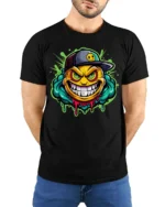Grinning Emoji Gangster Tee, Funny Smiley Face T-Shirt - model wearing black shirt, hands behind back