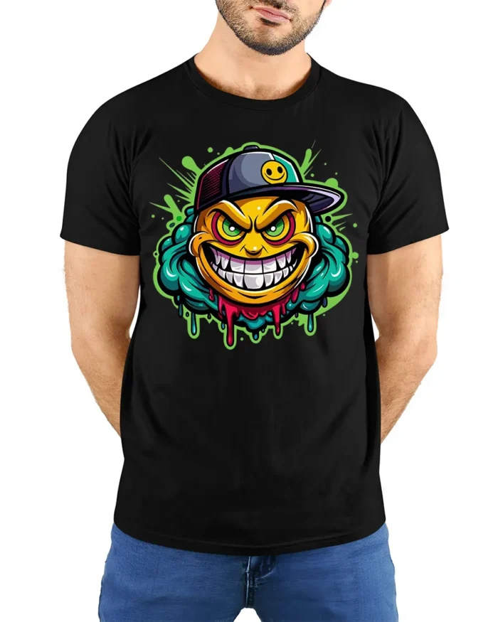 Grinning Emoji Gangster Tee,  Funny Smiley Face T-Shirt - model wearing black shirt, hands behind back