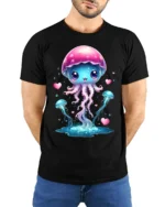 Lovely Jelly Charming Ocean Life T-Shirt for You - model wearing black shirt, hands behind back