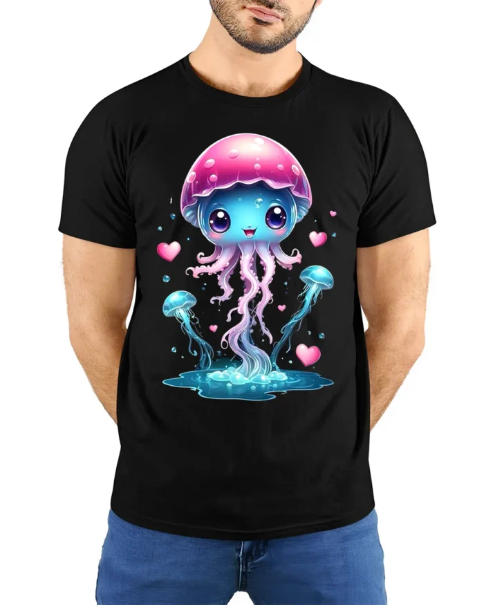 Lovely Jelly Charming Ocean Life T-Shirt for You - model wearing black shirt, hands behind back