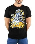 Octopus Van Trip Tee, Funny Sea Creature Road Trip T-Shirt - model wearing black shirt, hands behind back