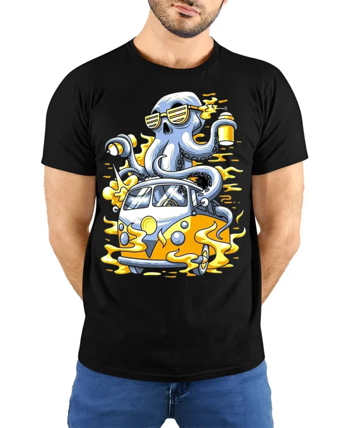 Octopus Van Trip Tee, Funny Sea Creature Road Trip T-Shirt - model wearing black shirt, hands behind back