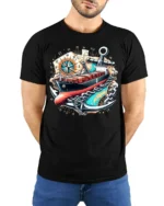 Cargo Ship Anchor Nautical Adventure Graphic T-Shirt - model wearing black shirt, hands behind back