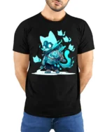 Spirit Cat Warrior Anime Style Feline Ghost T-Shirt - model wearing black shirt, hands behind back
