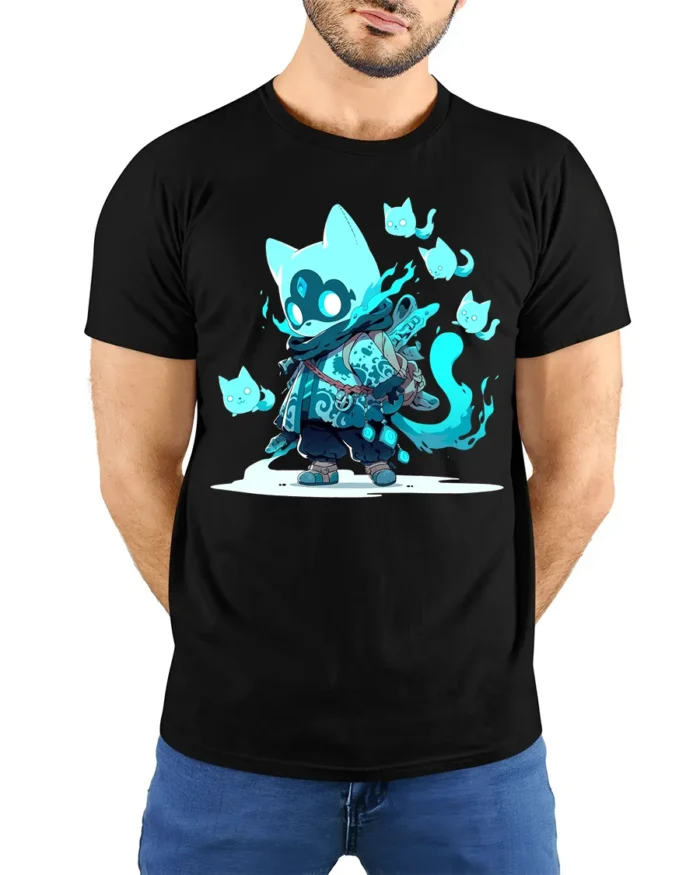 Spirit Cat Warrior Anime Style Feline Ghost T-Shirt - model wearing black shirt, hands behind back