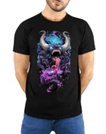 Demon Monster Graphic Scary Horned Beast T-Shirt - model wearing black shirt, hands behind back