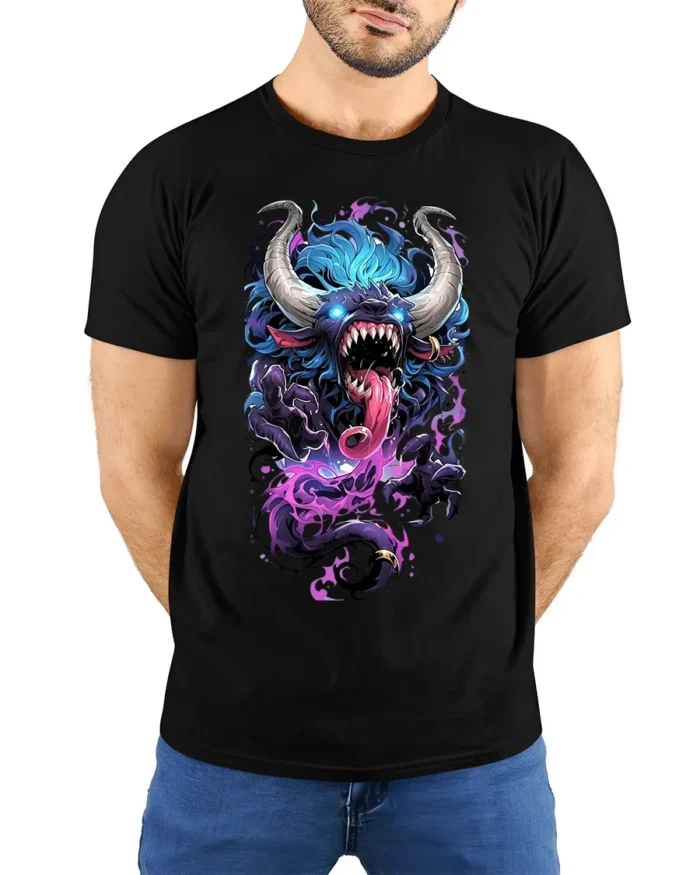 Demon Monster Graphic Scary Horned Beast T-Shirt - model wearing black shirt, hands behind back