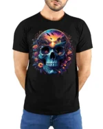 Nature Skull Sunset Peaceful Scene Inside Skull T-Shirt - model wearing black shirt, hands behind back