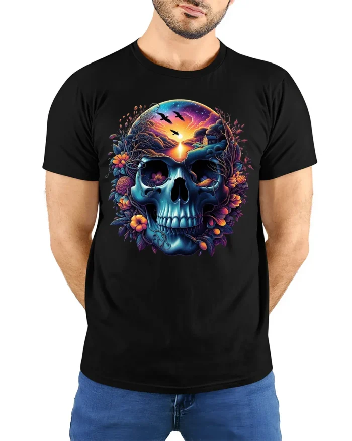 Nature Skull Sunset Peaceful Scene Inside Skull T-Shirt - model wearing black shirt, hands behind back
