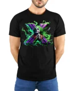 Crazy Joker Symbol T-Shirt Dark Humor Comic Tee - model wearing black shirt, hands behind back