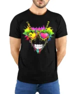 Rainbow Skull Heart Tee Vibrant Skull Sunglasses T-Shirt - model wearing black shirt, hands behind back