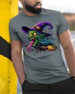 Creepy Witch Flying Halloween Spooky Graphic T-Shirt - model in grey shirt leaning against column