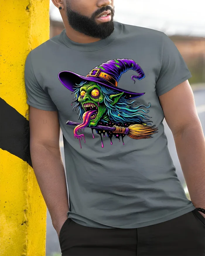 Creepy Witch Flying Halloween Spooky Graphic T-Shirt - model in grey shirt leaning against column