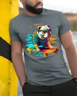 Rad Bulldog Skater T-Shirt Trendy Dog on Skateboard Tee - model in grey shirt leaning against column