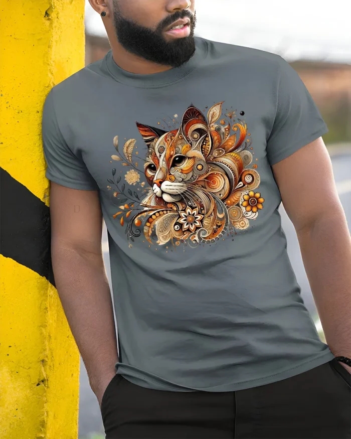 Ornate Cat Design Tee  Elegant Patterned Feline T-Shirt - model in grey shirt leaning against column