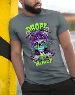 Drope Heriot Skate Tee Cool Skull Skateboard T-Shirt - model in grey shirt leaning against column