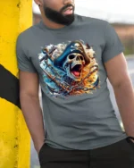 Ocean Pirate Bones Tee Skull and Anchor Graphic Tee - model in grey shirt leaning against column