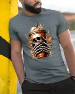 Skull Coffee Break Tee, Funny Skeleton Drink Graphic T-Shirt - model in grey shirt leaning against column