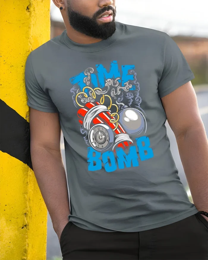 Time Bomb Graphic Tee,  Explosive Countdown T-Shirt - model in grey shirt leaning against column