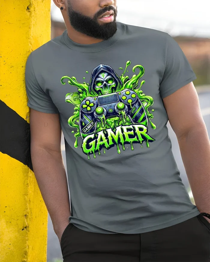 Gamer Skull Controller Tee, Funny Video Game T-Shirt - model in grey shirt leaning against column