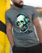 Meditate and Vibrate Tee, Relaxed Skull Music T-Shirt - model in grey shirt leaning against column