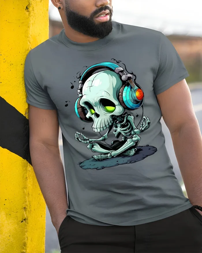 Meditate and Vibrate Tee,  Relaxed Skull Music T-Shirt - model in grey shirt leaning against column