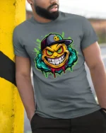 Grinning Emoji Gangster Tee, Funny Smiley Face T-Shirt - model in grey shirt leaning against column