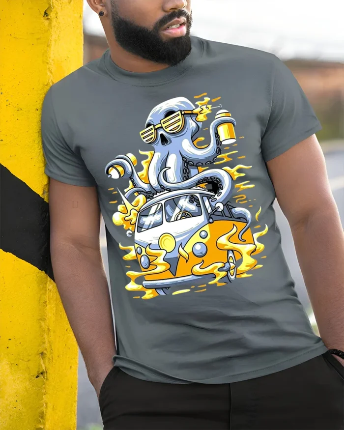 Octopus Van Trip Tee, Funny Sea Creature Road Trip T-Shirt - model in grey shirt leaning against column