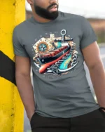 Cargo Ship Anchor Nautical Adventure Graphic T-Shirt - model in grey shirt leaning against column