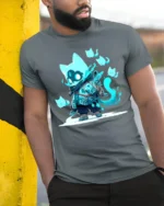 Spirit Cat Warrior Anime Style Feline Ghost T-Shirt - model in grey shirt leaning against column