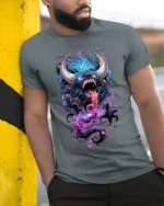 Demon Monster Graphic Scary Horned Beast T-Shirt - model in grey shirt leaning against column