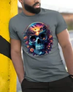 Nature Skull Sunset Peaceful Scene Inside Skull T-Shirt - model in grey shirt leaning against column